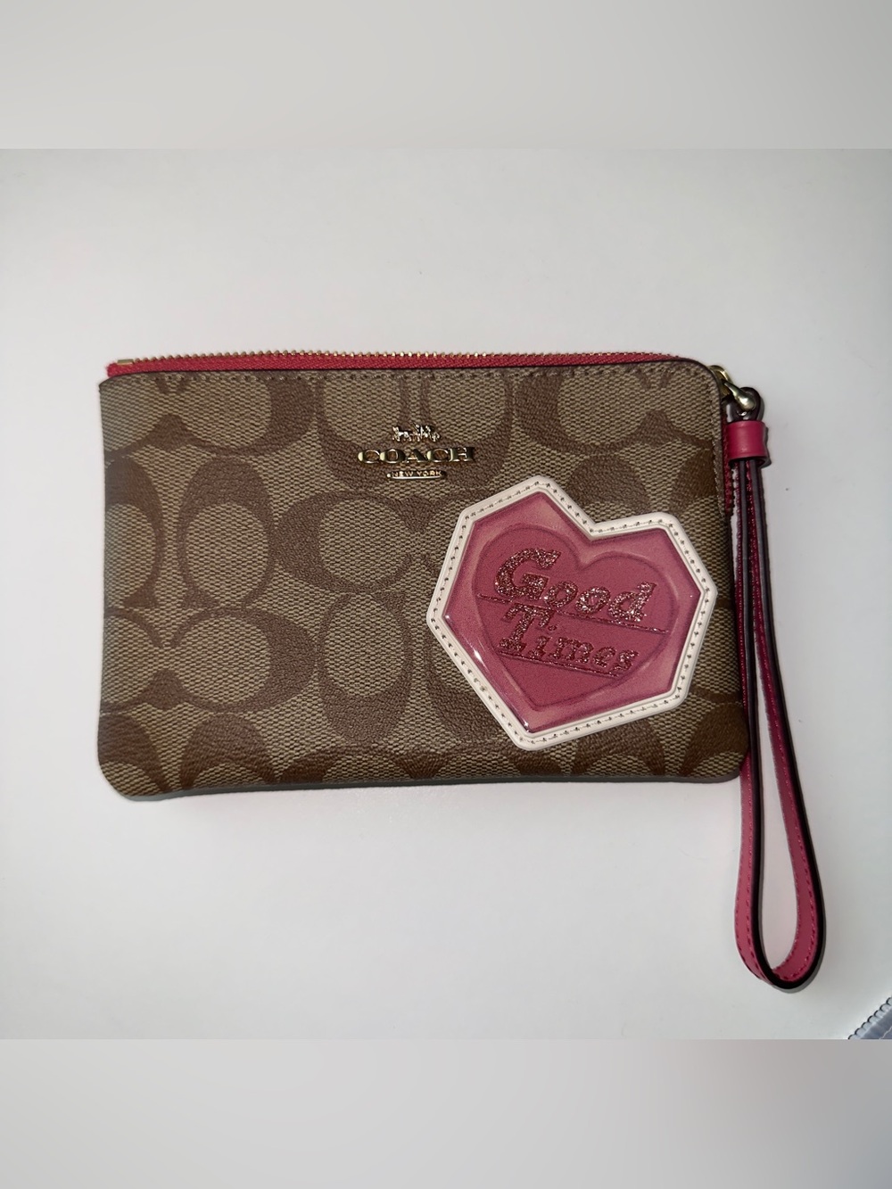 Coach Brown Signature Canvas Wristlet Disco Heart